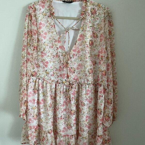 LUCKY BRAND LIGHT LINED FLORAL LONG SLEEVE CHIFFON DRESS WITH RUFFLES SIZE L - Picture 1 of 8